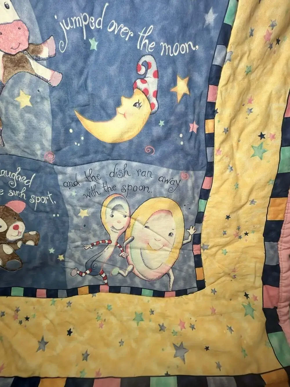 Mother Goose Rhyme Hey Diddle Diddle Pastel Quilt Top Pink Reverse Panel crib